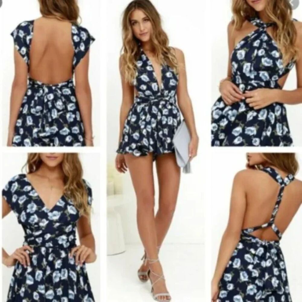 Lulus Hippy Gypsy Convertible Floral Romper Blue Floral Sz XS